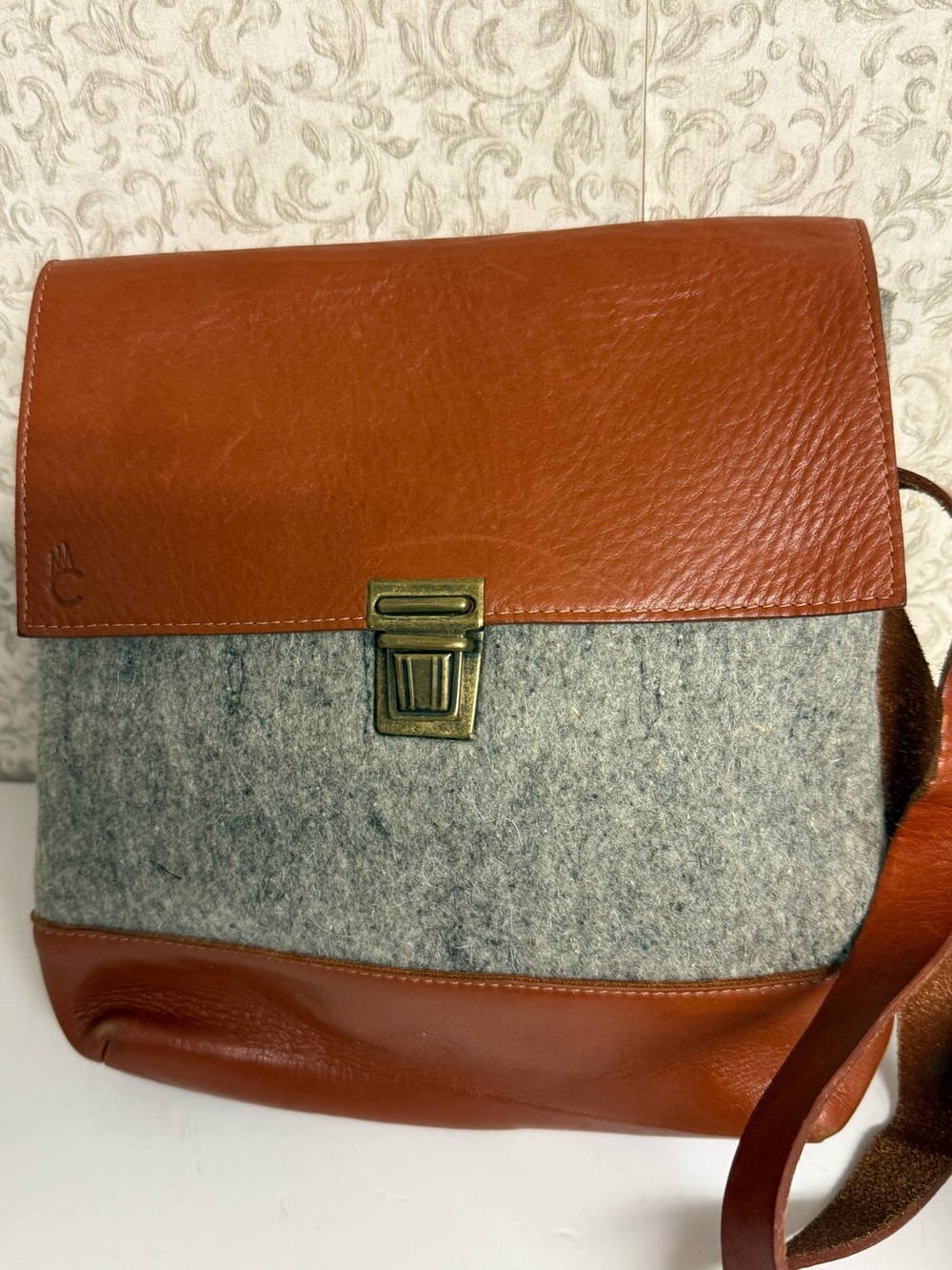 Leather & Felt Crossbody Bag - Brown and Gray